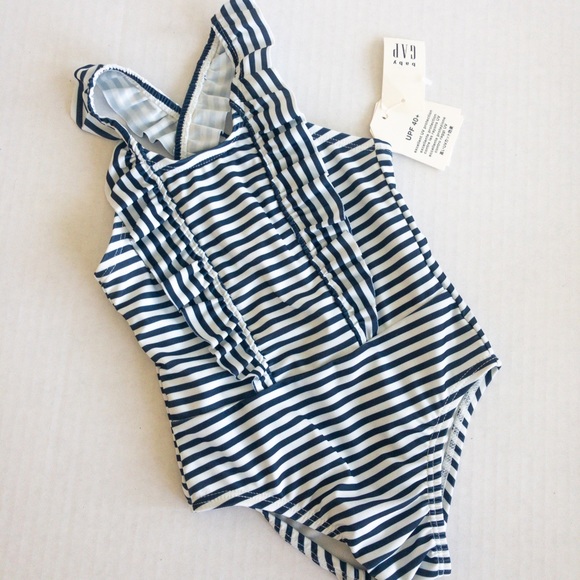 Baby Gap Blue and White Striped Ruffle Swimsuit - Picture 3 of 6
